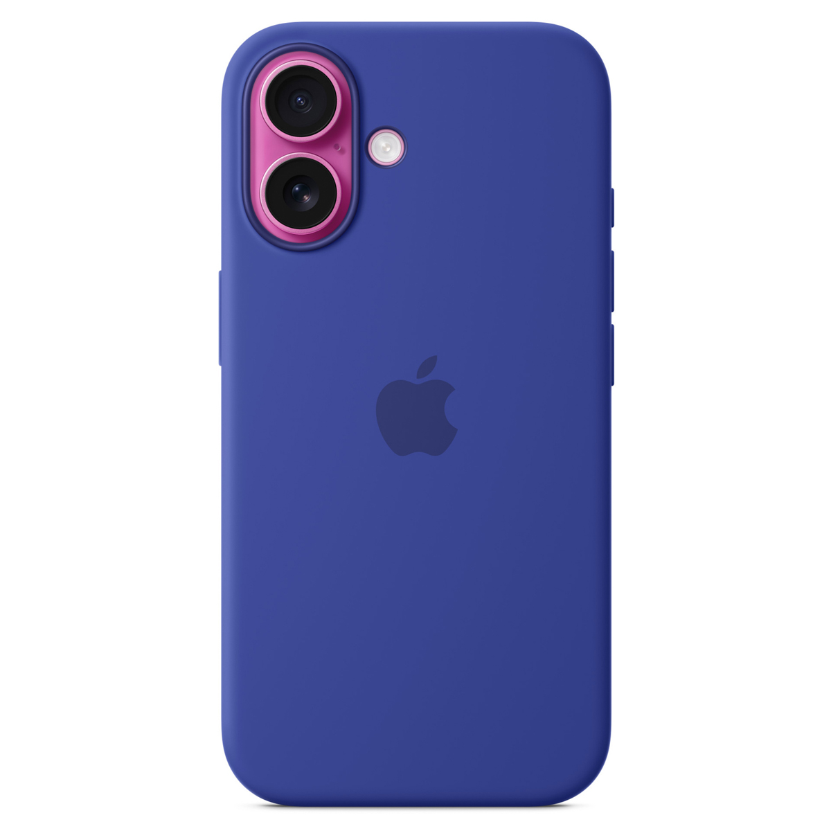 Niebieski tył smartfona z różowymi pierścieniami aparatu, lampą błyskową i logo Apple.