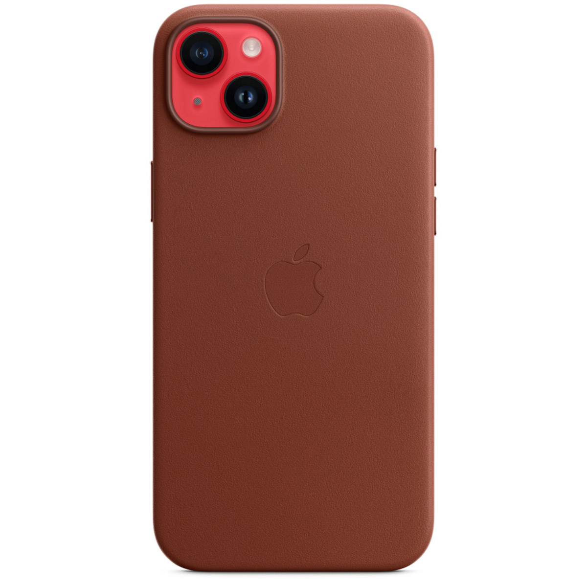 Custodia per smartphone in pelle marrone con modulo fotocamera rosso e logo Apple.