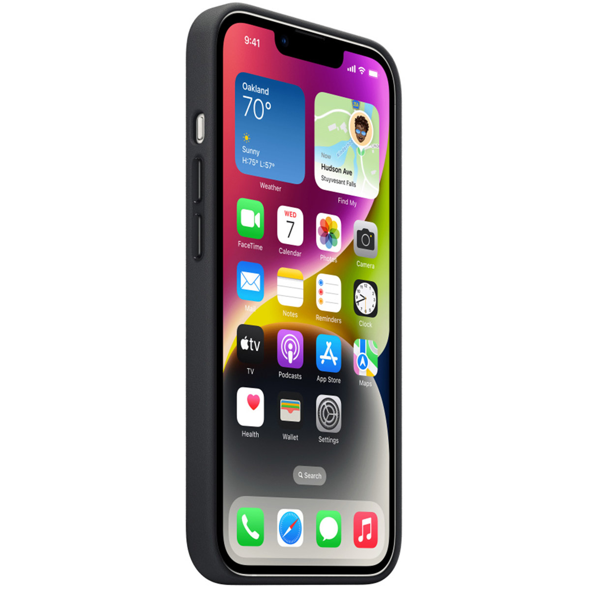 Smartfon w czarnym etui wyświetla kolorowy ekran główny z widżetami pogodowymi i ikonami aplikacji.