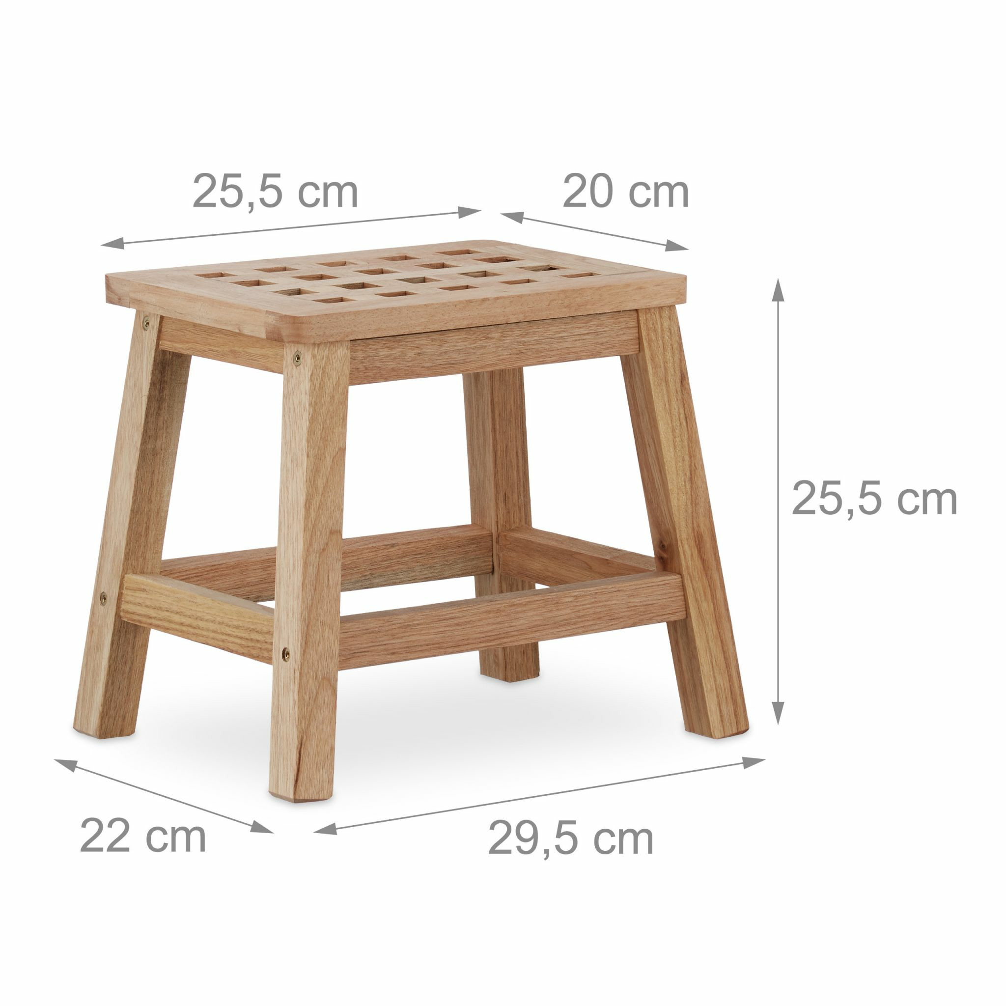 Kleiner Holzhocker mit quadratischen Ausschnitten in der Sitzfläche und grauen Maßangaben.