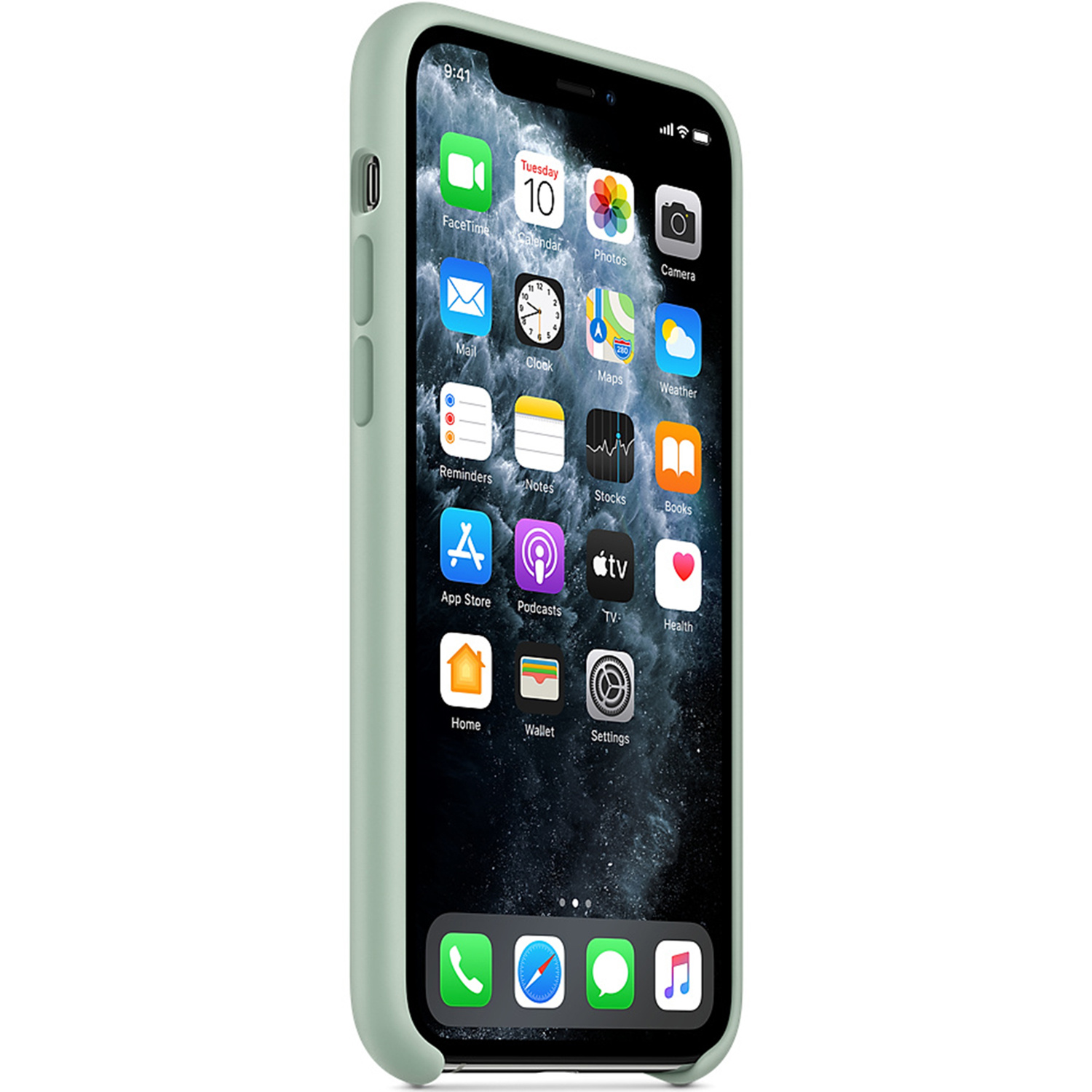 Smartfon w miętowym etui ochronnym ma podświetlony ekran z ikonami aplikacji.