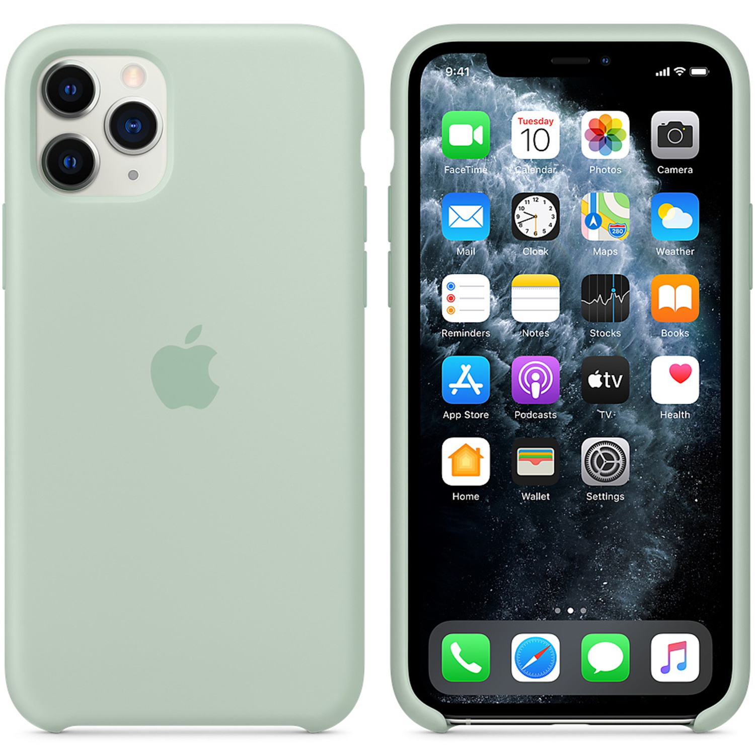 Jasnozielony iPhone z trzema aparatami z tyłu i ikonami aplikacji na ekranie.