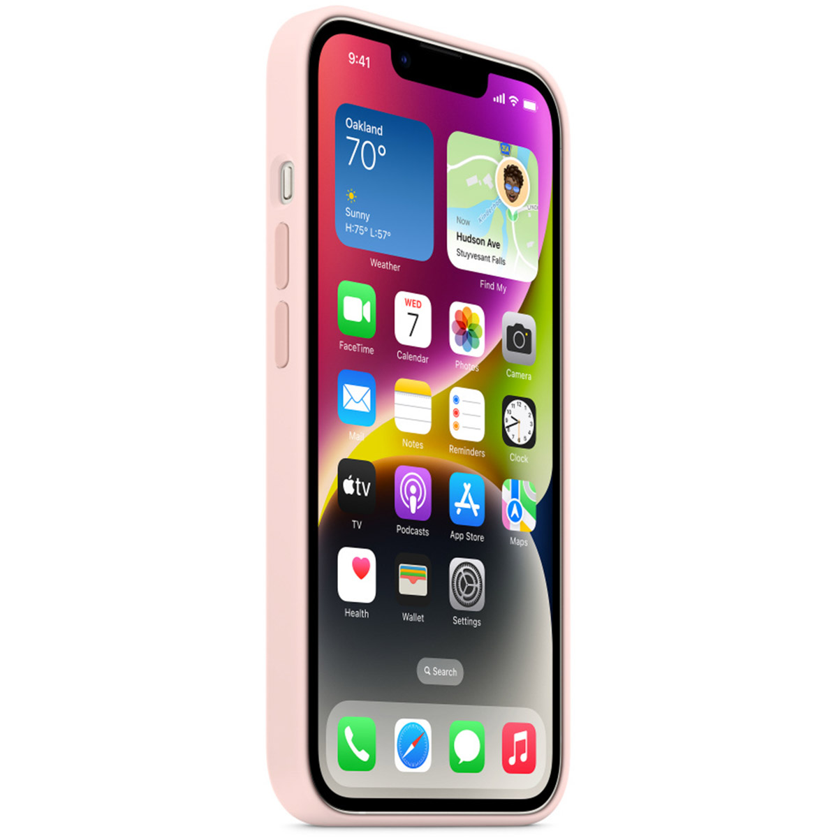 Uno smartphone in una cover rosa chiaro, con una schermata iniziale colorata e app.