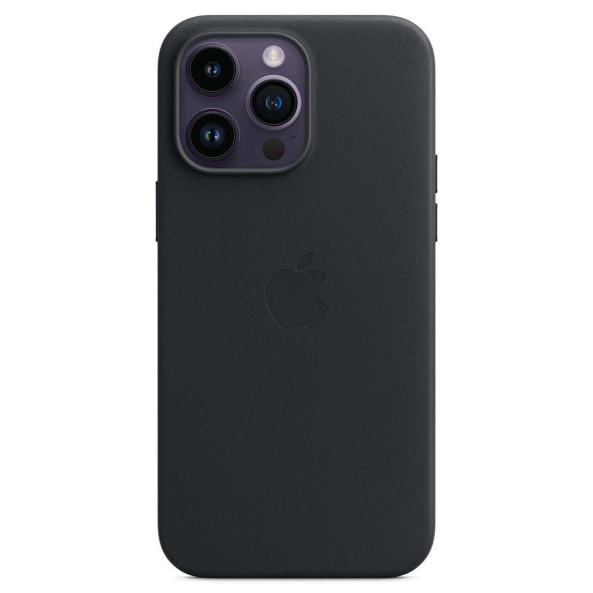 Widok z tyłu czarnego smartfona z potrójnym aparatem i logo Apple pośrodku.