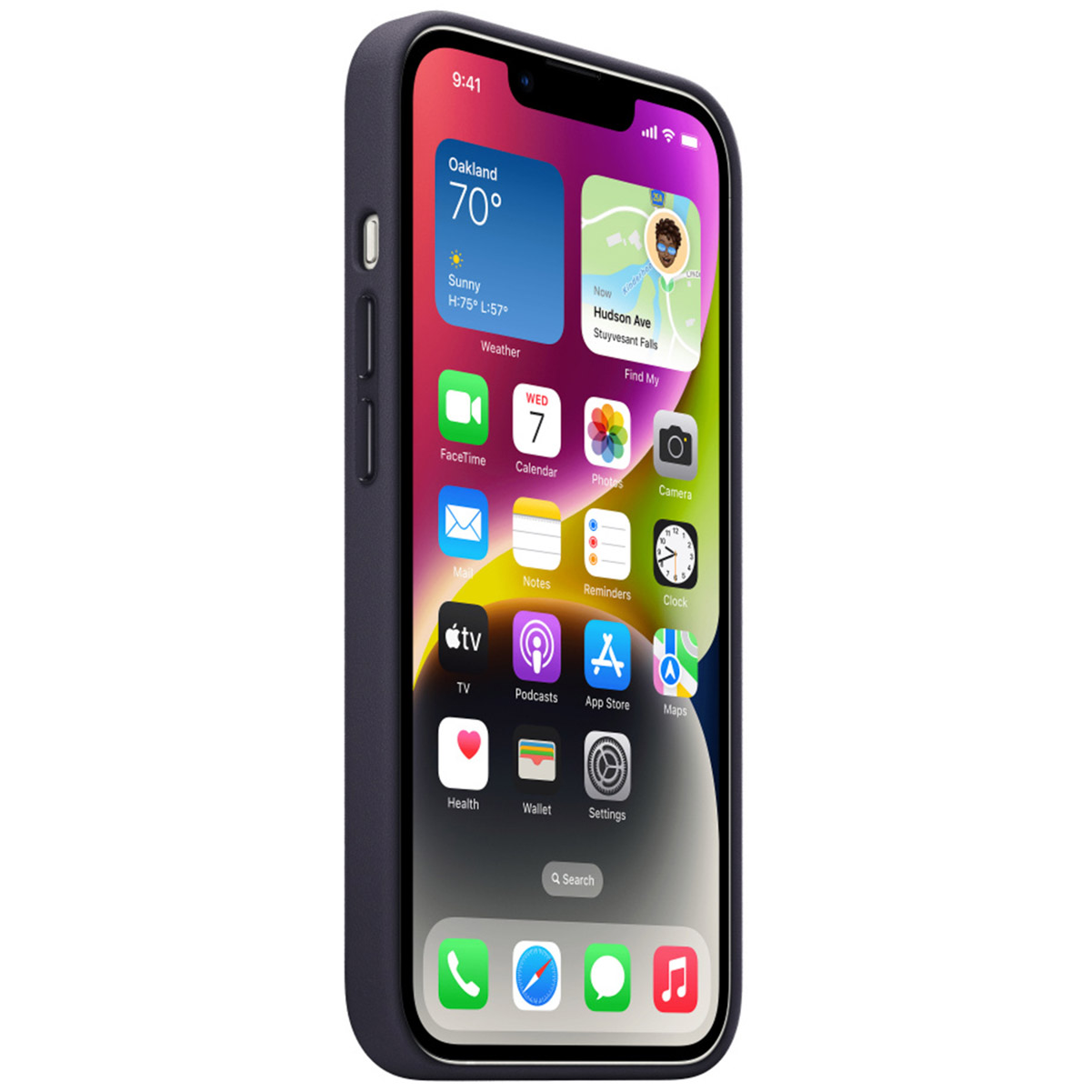Uno smartphone con cover scura mostra una schermata home con icone.
