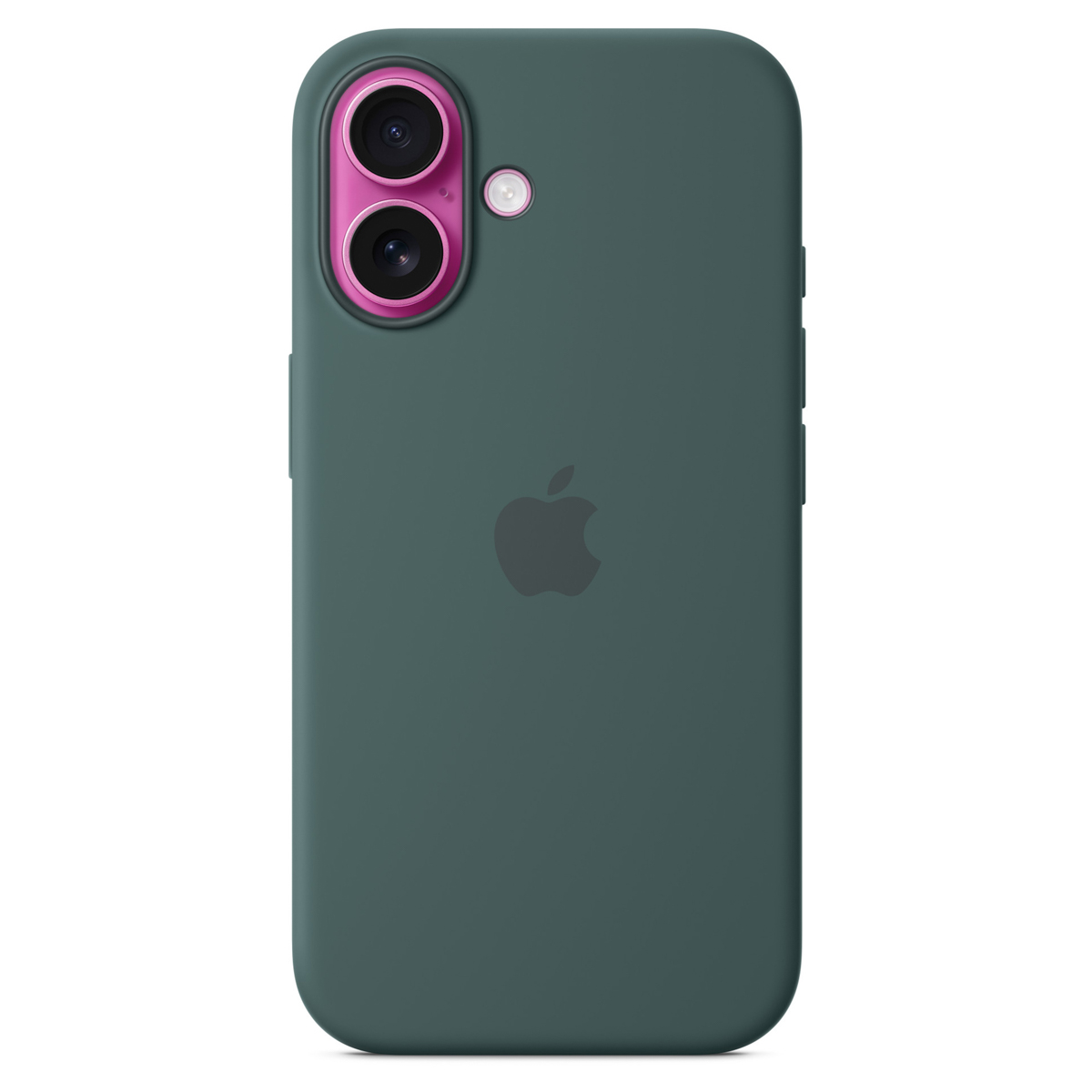 Custodia per iPhone verde scuro con modulo fotocamera rosa e logo Apple.