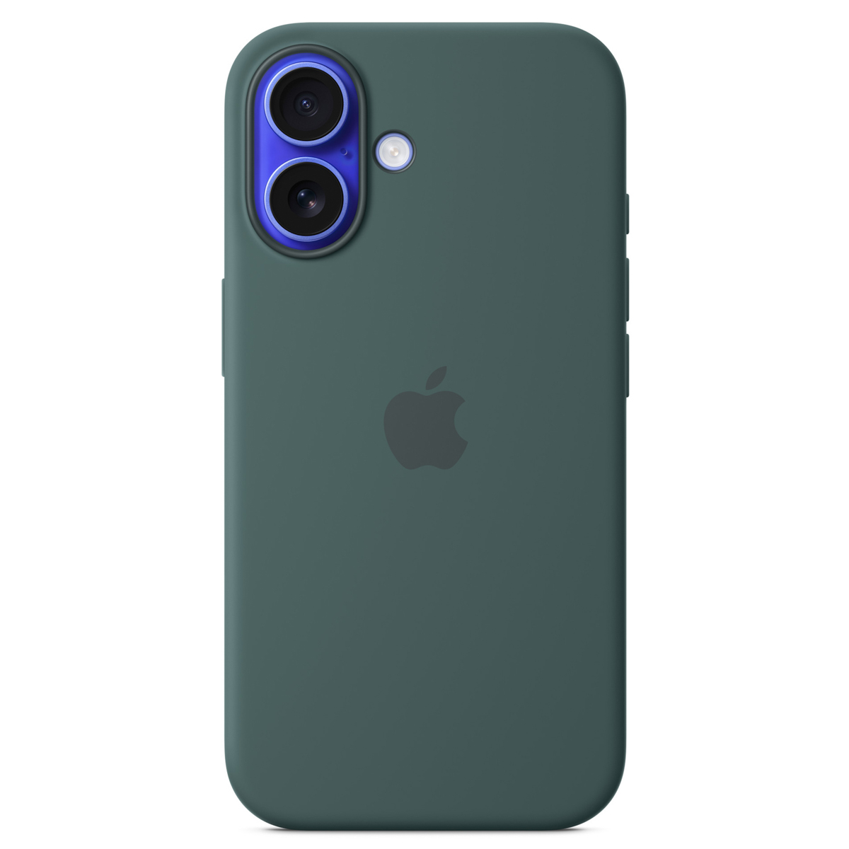 iPhone verde scuro con due fotocamere verticali in un modulo blu e il logo Apple.