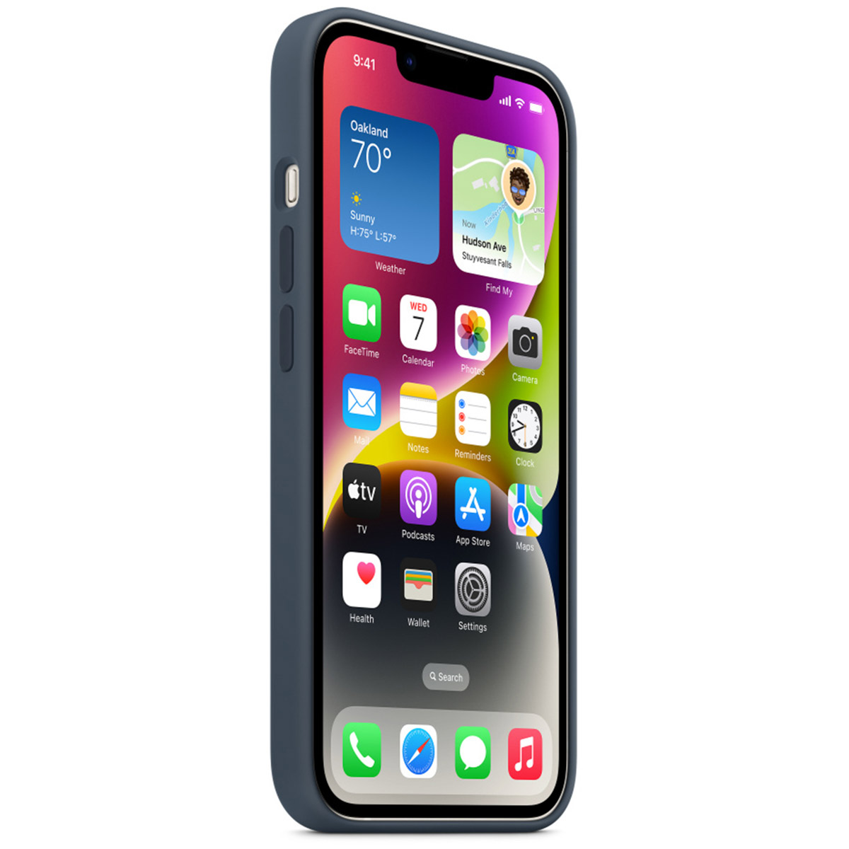 Smartfon w ciemnoniebieskim etui z kolorowym ekranem głównym, ikonami aplikacji i widżetami.