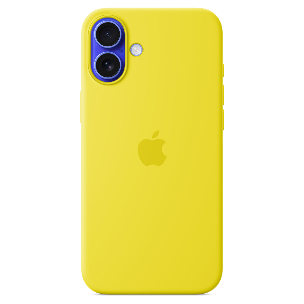 Retro di un iPhone giallo brillante con due fotocamere verticali in un modulo blu e logo Apple al centro.