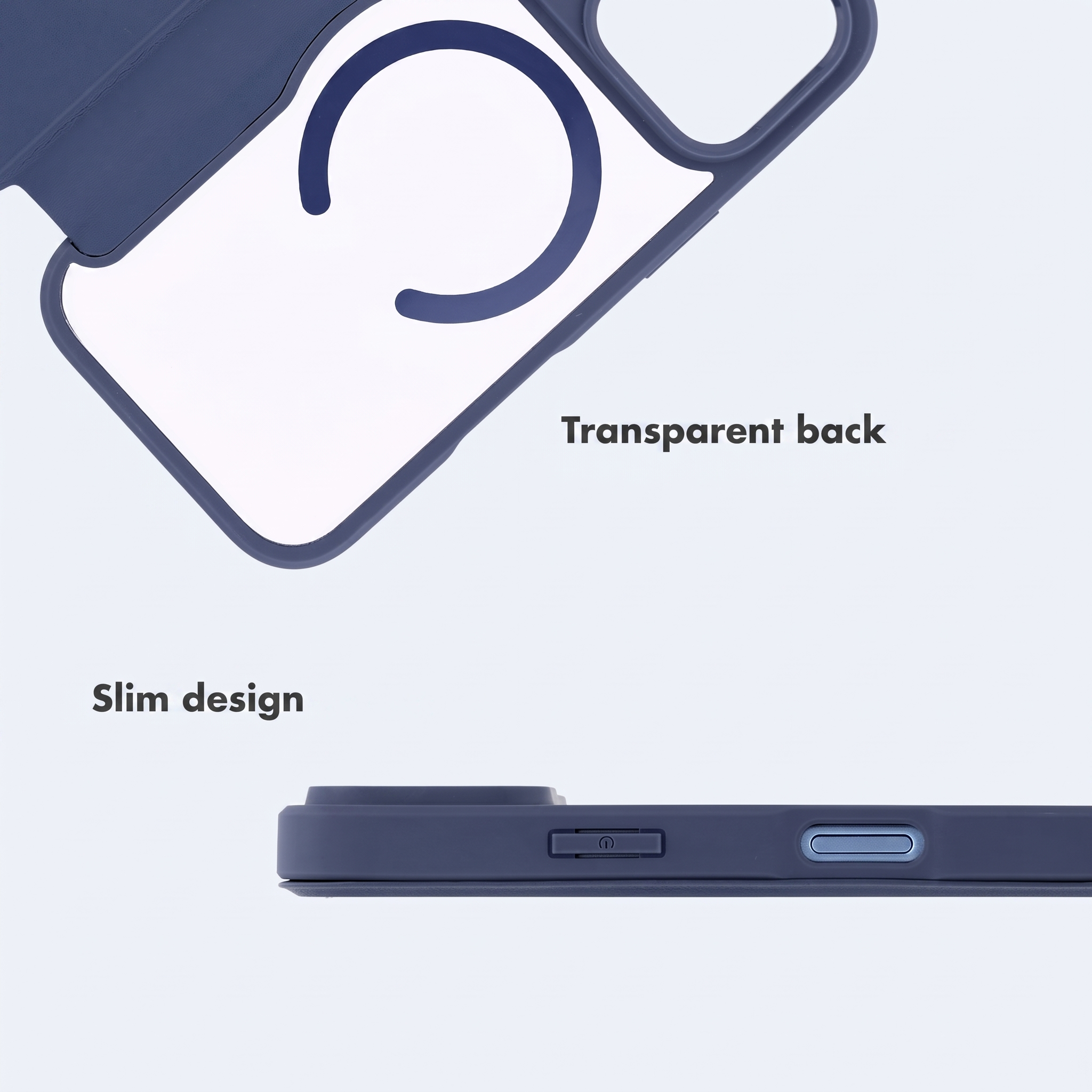 Custodia per telefono blu con retro trasparente e design sottile.