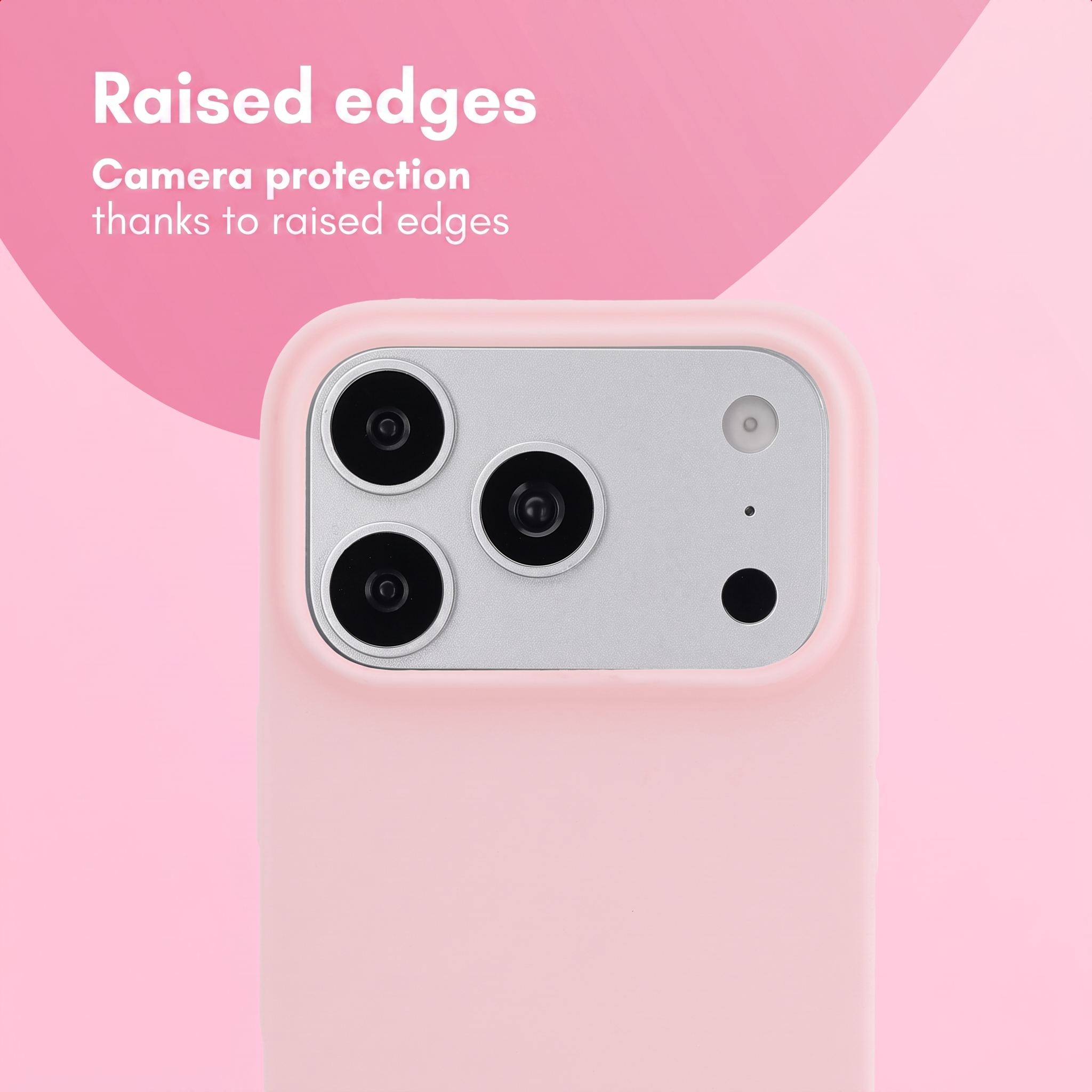 Coque de téléphone rose avec bords surélevés pour la protection de l'appareil photo et du texte.