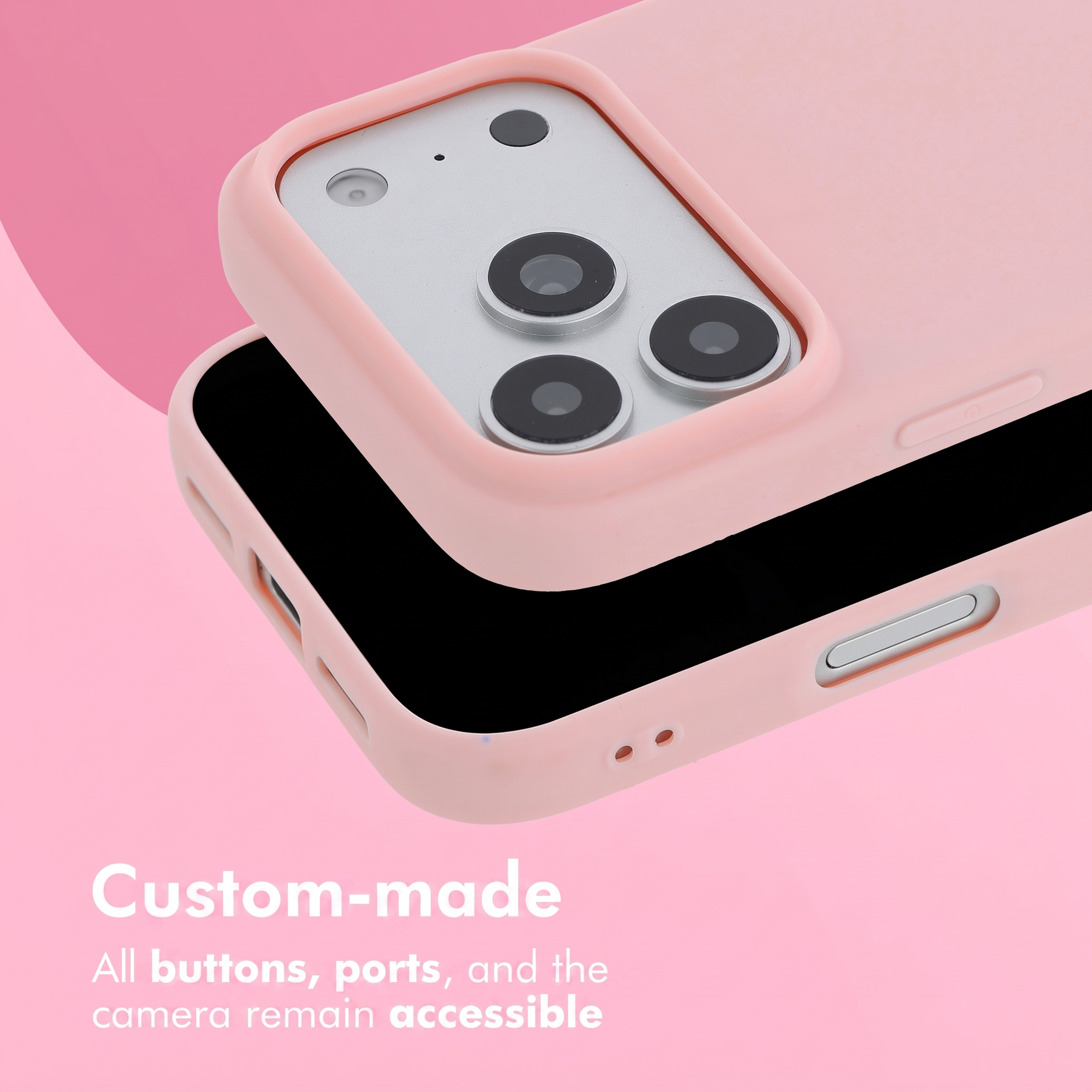 Smartphone dans une coque rose sur fond rose avec du texte sur les boutons.