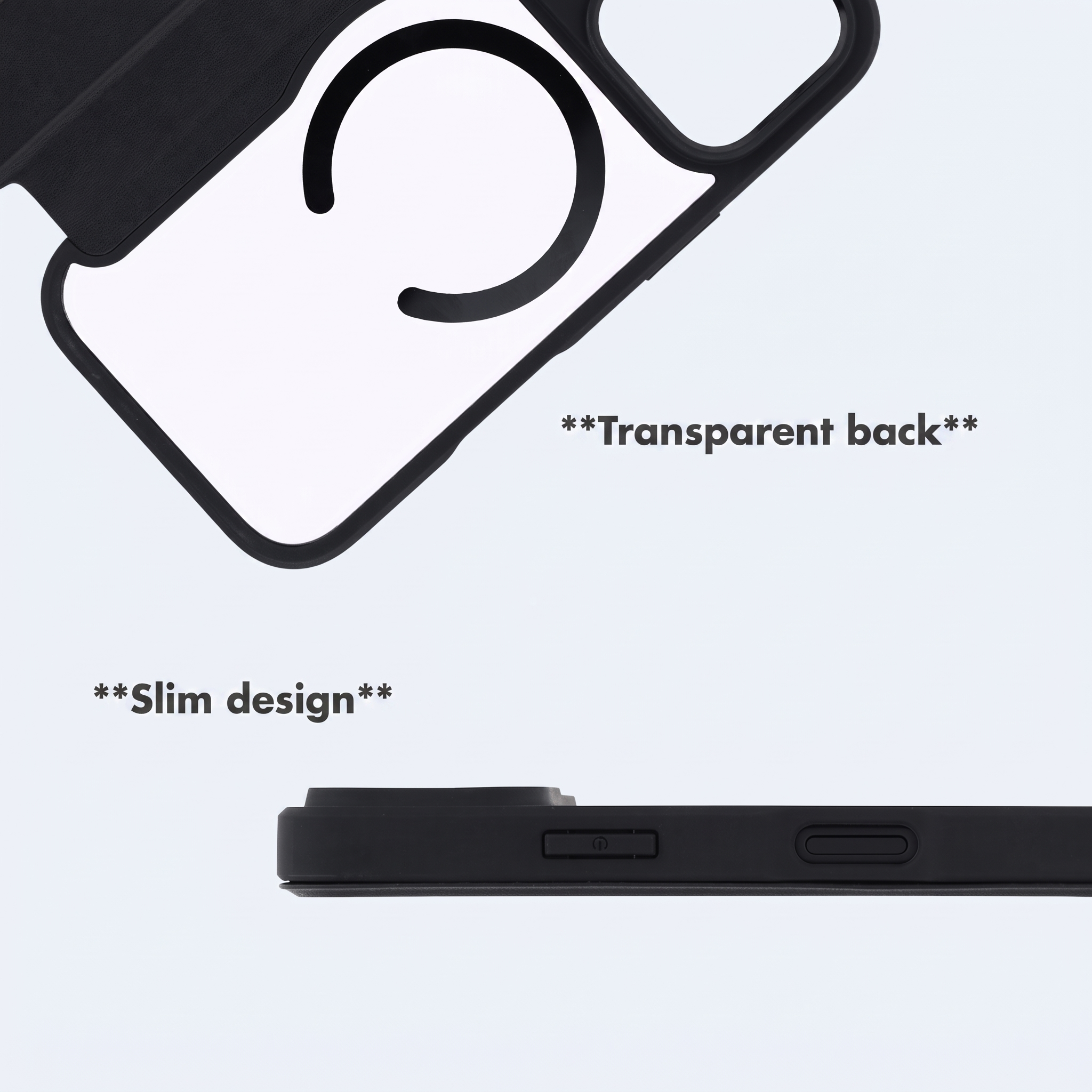 Custodia per telefono nera con retro trasparente e design sottile, pulsanti laterali visibili.