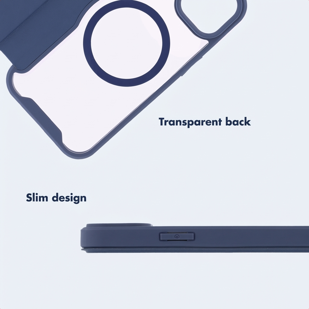 Blaue Handyhülle mit transparentem Rücken und schlankem Design.
