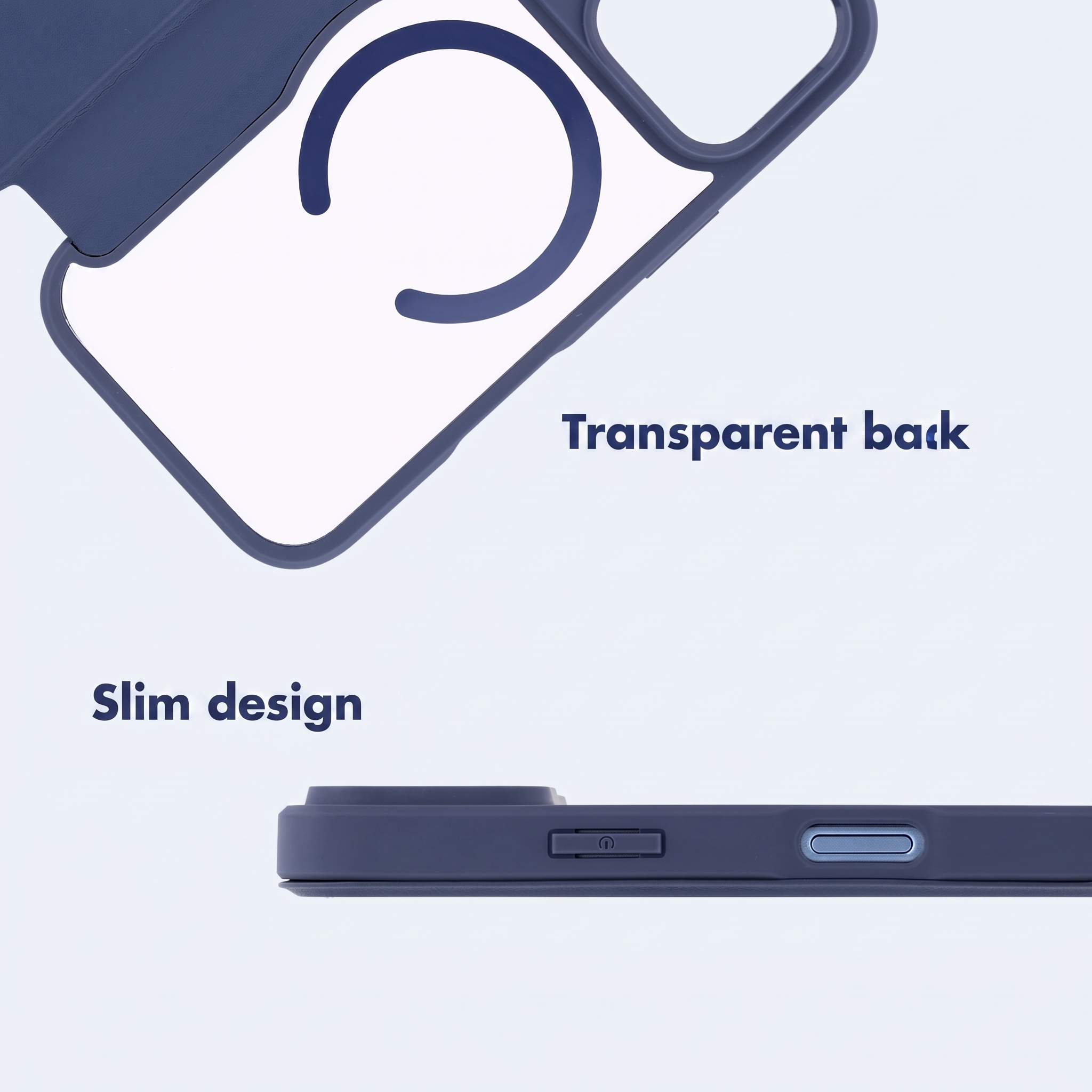 Custodia per telefono blu con retro trasparente e design sottile.