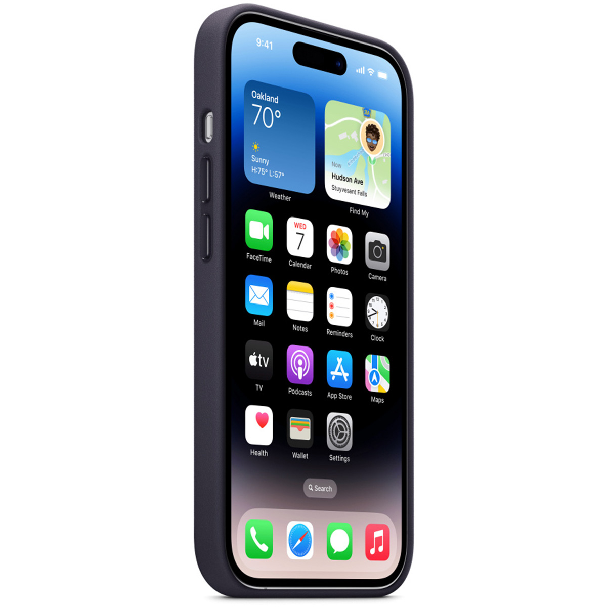 Smartfon w ciemnym etui prezentuje ikony aplikacji i widżety na ekranie głównym na białym tle.