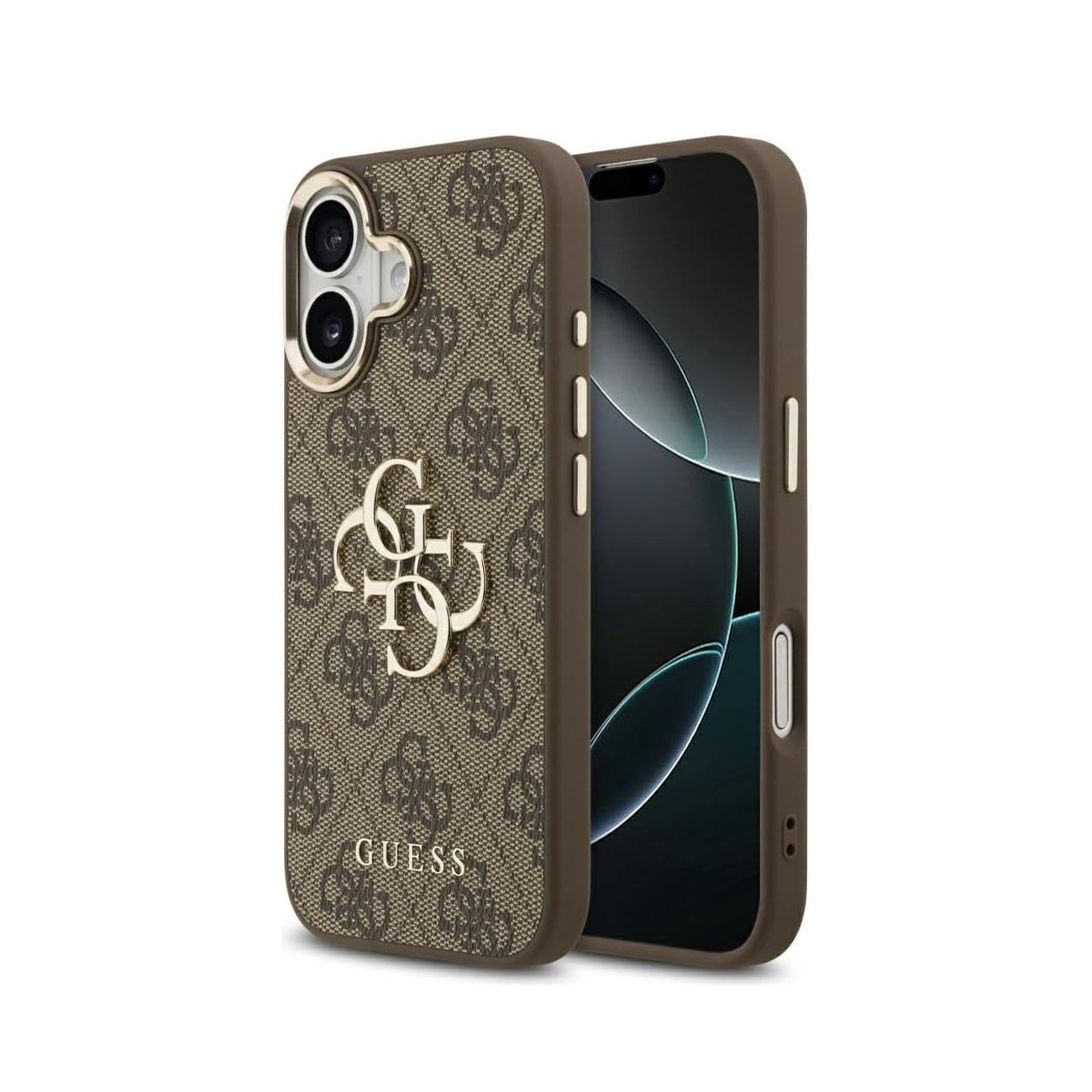 Funda de teléfono Guess marrón con patrón de monograma, logo dorado y recorte de cámara.