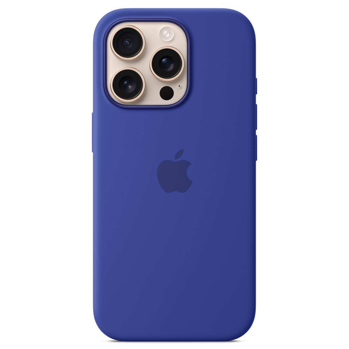 Niebieskie silikonowe etui do iPhone'a z logo MagSafe z tyłu.