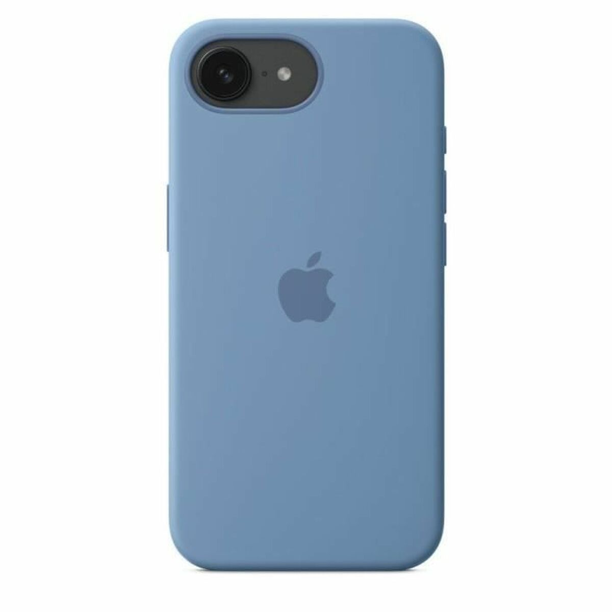 Funda azul para iPhone con logo de Apple y abertura para cámara sobre fondo blanco.