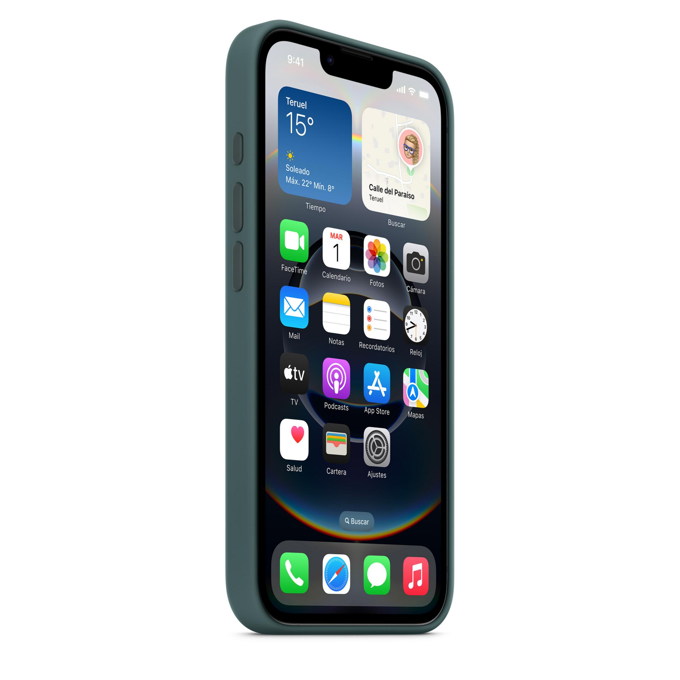 Un teléfono inteligente en una funda verde muestra la pantalla de inicio con varios iconos de aplicaciones y widgets.