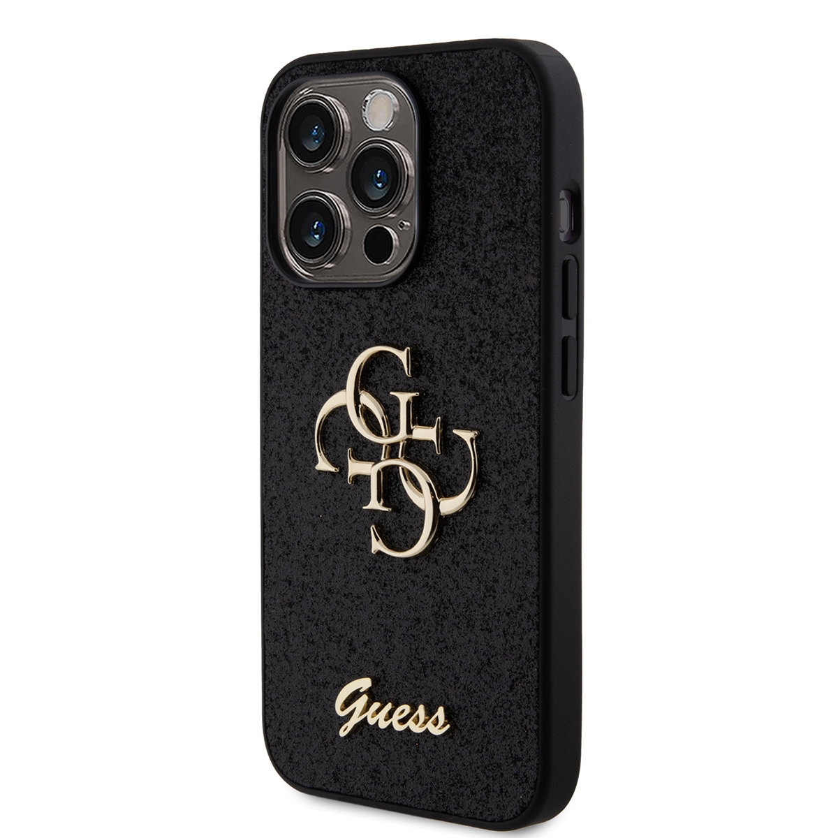 Custodia per iPhone nera glitterata con logo Guess dorato sul retro.