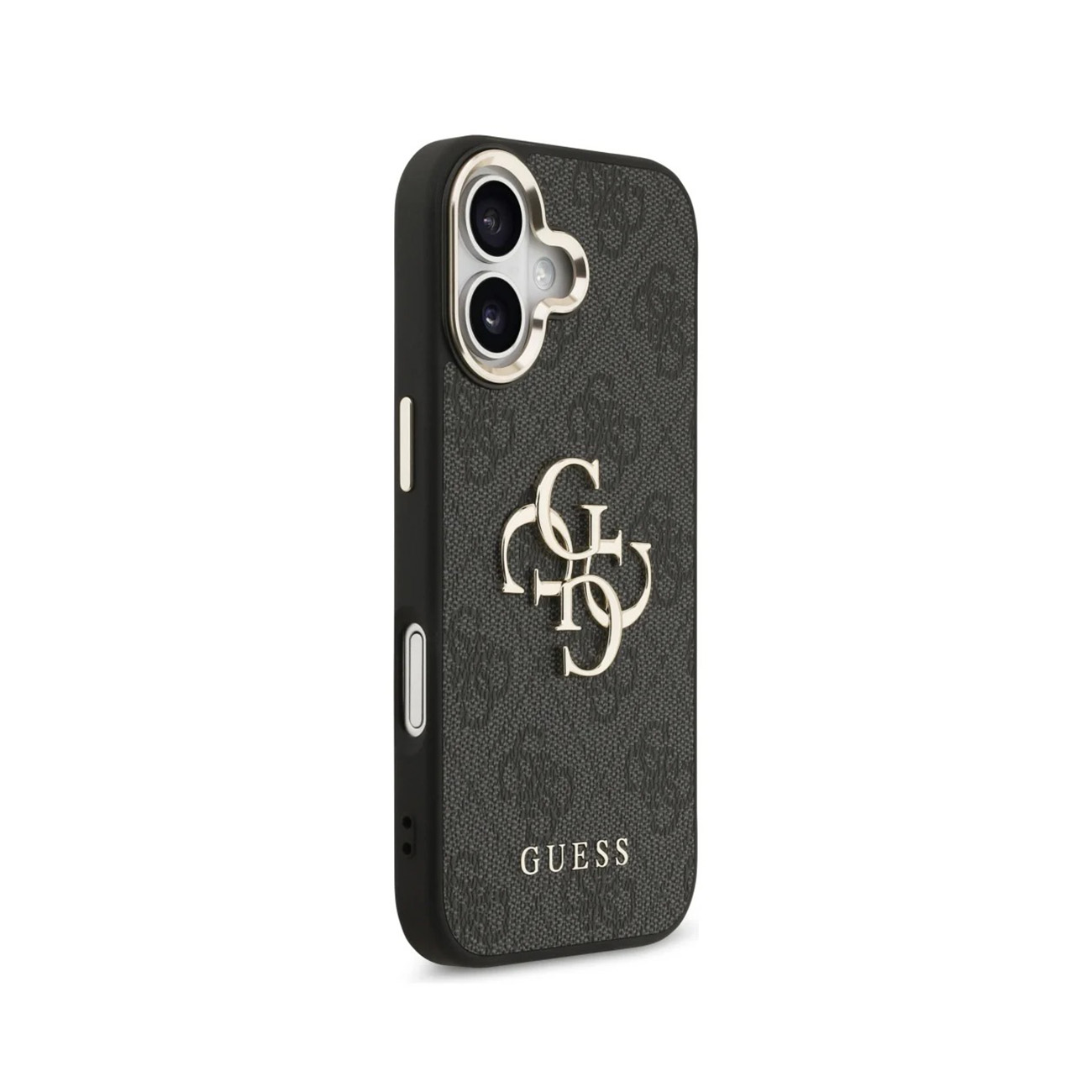 Funda de móvil Guess negra con monograma, logotipo dorado y recorte para cámara sobre fondo blanco.