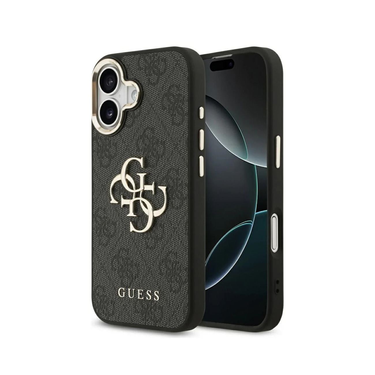 Funda de móvil Guess negra con monograma y placa dorada del logotipo 4G en la parte posterior, protegiendo un smartphone.