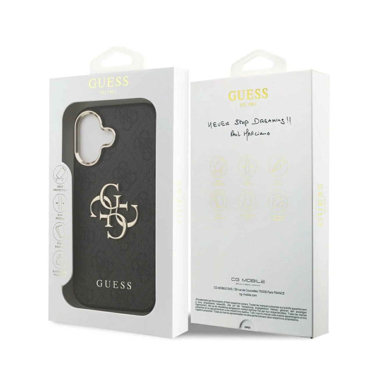 Una funda de móvil Guess negra con logotipo dorado en su embalaje original blanco sobre fondo blanco.