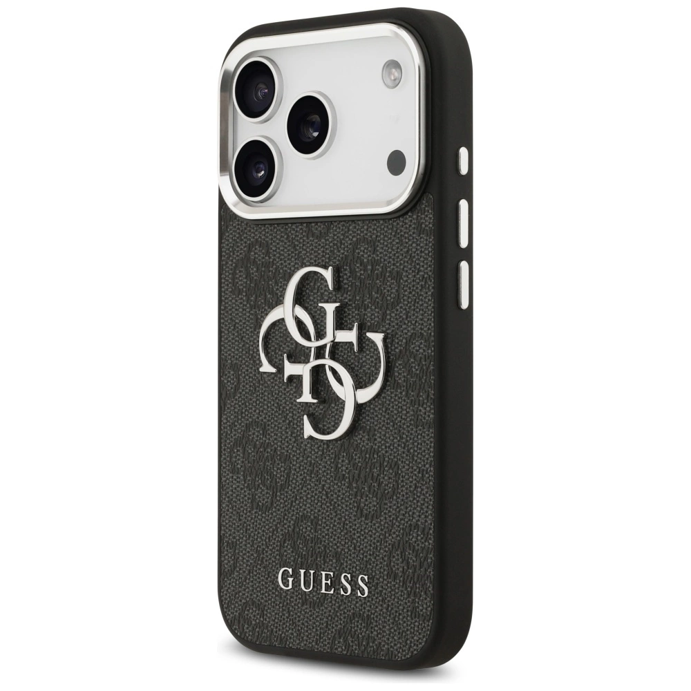 Custodia per telefono Guess nera con monogramma, logo in metallo argentato e foro per fotocamera.