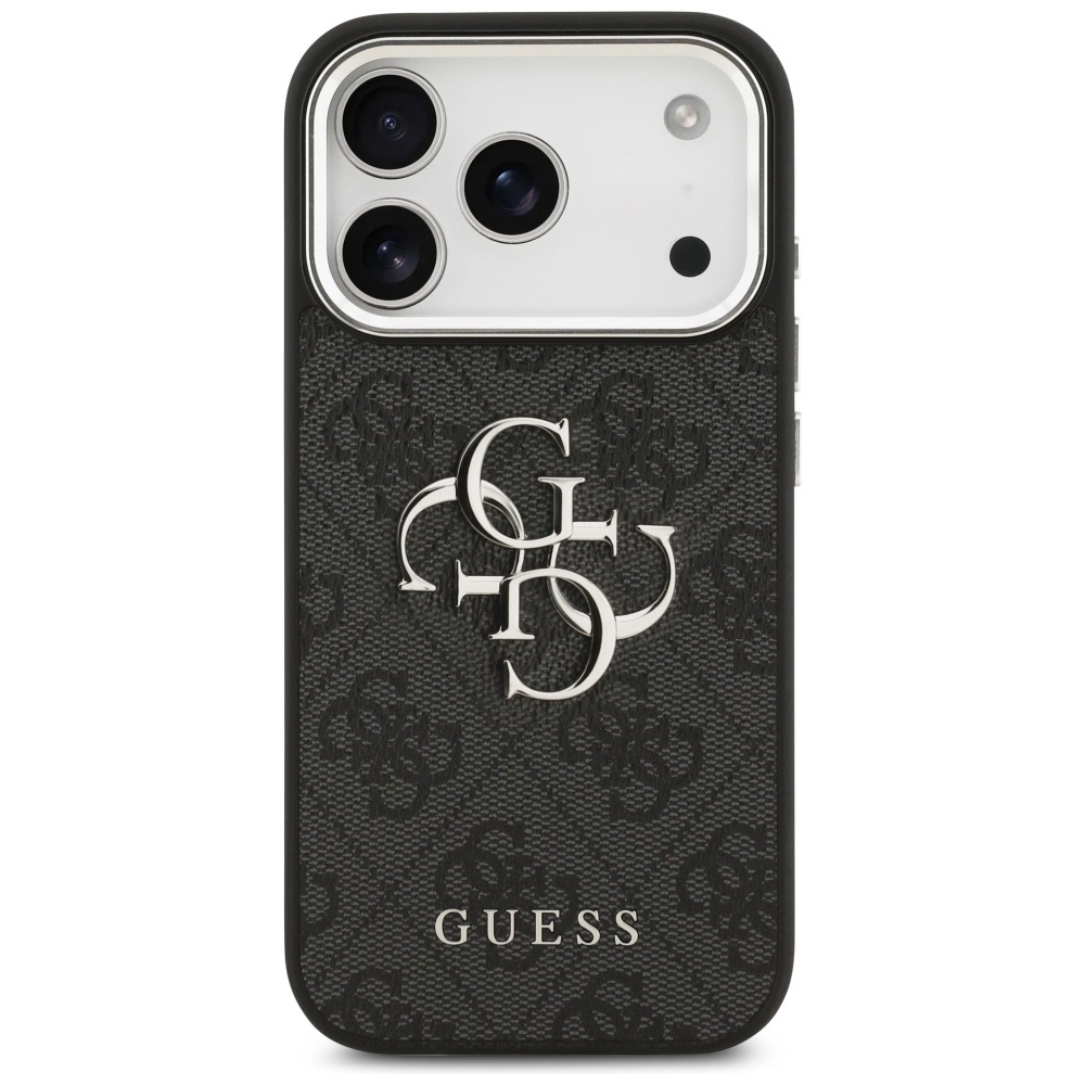 Custodia per telefono Guess nera con motivo monogramma e logo 4G argento.
