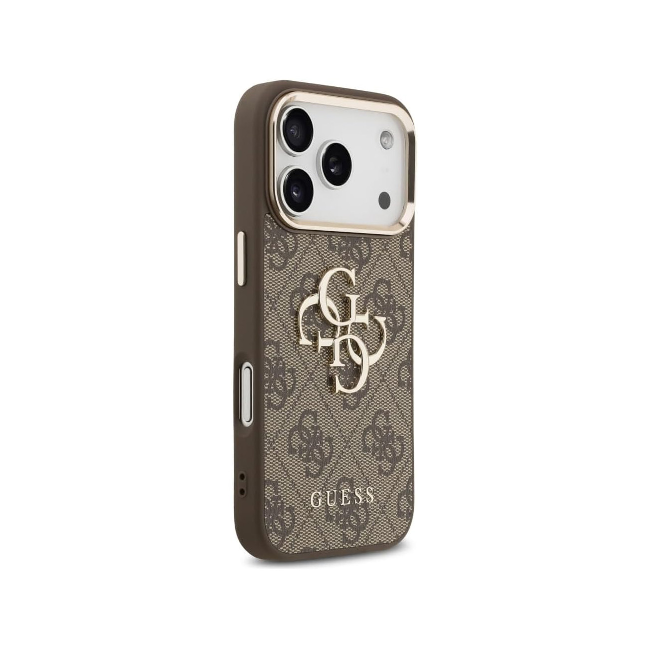 Custodia per smartphone marrone Guess con monogramma e logo dorato su sfondo bianco.
