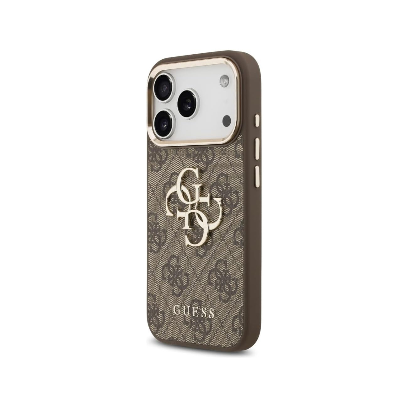 Custodia per telefono Guess marrone con motivo monogramma e logo dorato.