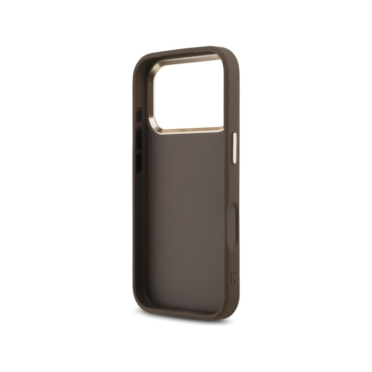 Una custodia marrone per telefono con bordo interno dorato e aperture per tasti e fotocamera.