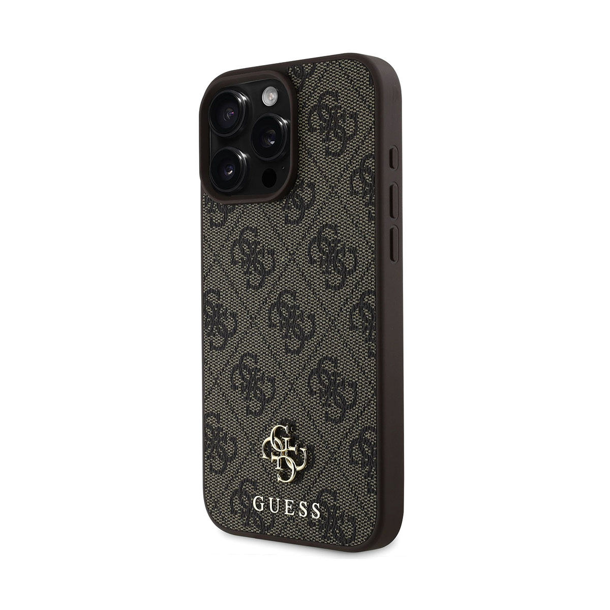 Una funda de iPhone marrón oscuro con diseño de logotipo Guess y un emblema dorado abajo.