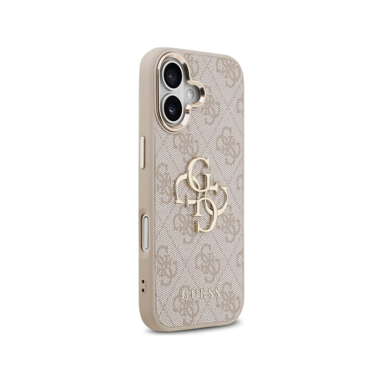 Fundador de teléfono Guess beige con patrón de monograma, logotipo dorado y recorte para cámara doble.