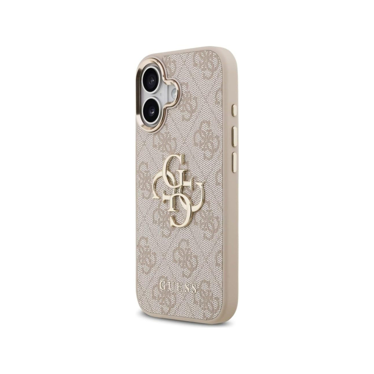 Funda de móvil beis con patrón de logotipo general, placa metálica 4G dorada y recorte para cámara.