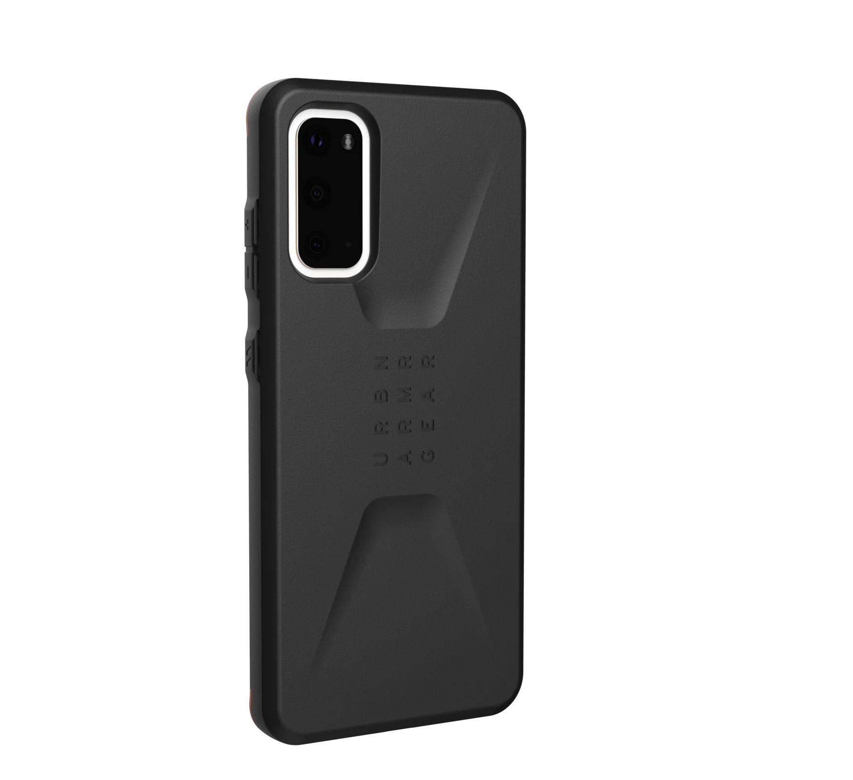 Custodia protettiva nera per smartphone con ritaglio fotocamera rettangolare e sottile marchio in rilievo sul retro.