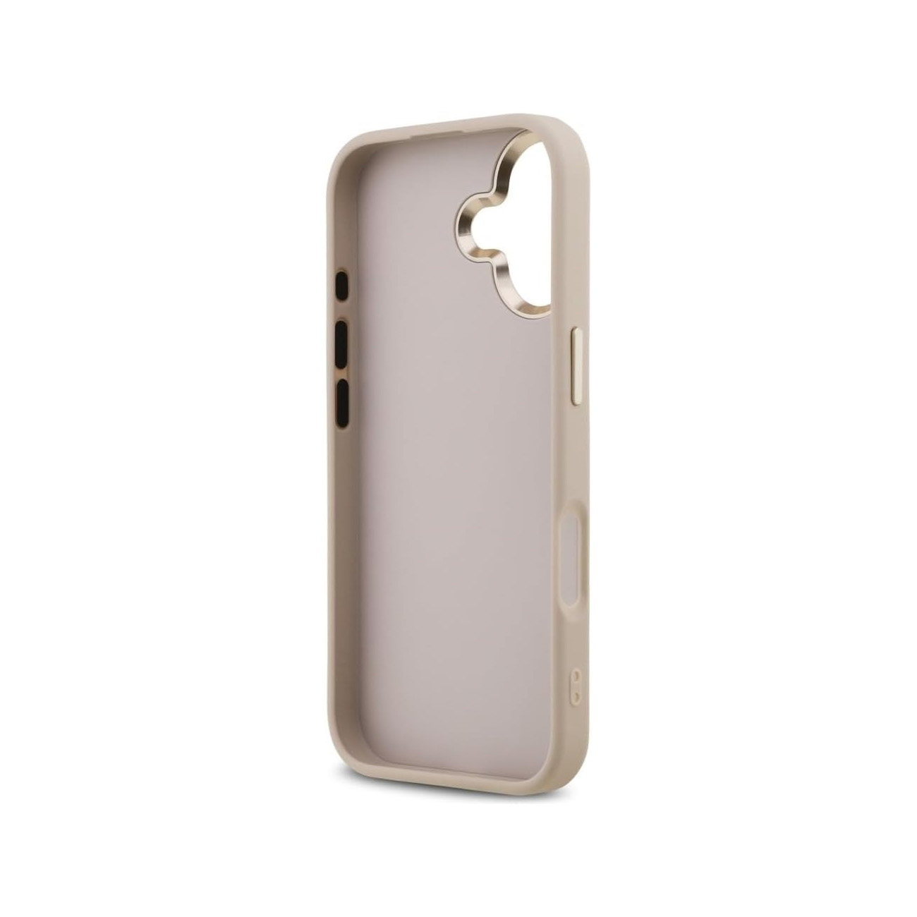 Una funda para smartphone beige con interior dorado y recortes precisos sobre fondo blanco.