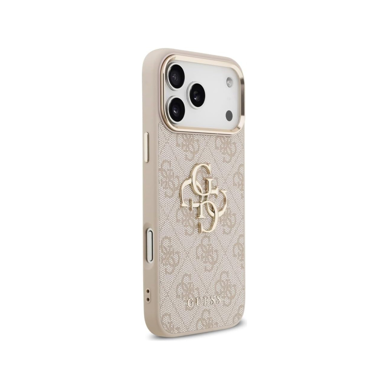 Custodia per telefono beige con motivo Guess, bordo dorato e un logo dorato in rilievo sul retro.