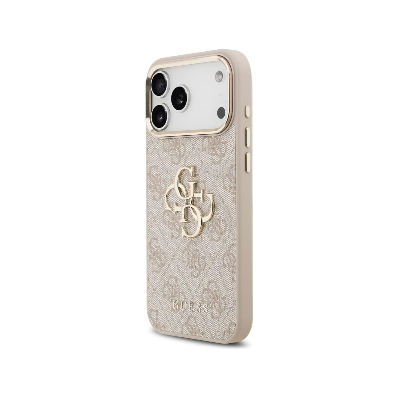 Custodia per telefono Guess beige con logo dorato e retro fantasia su sfondo bianco.