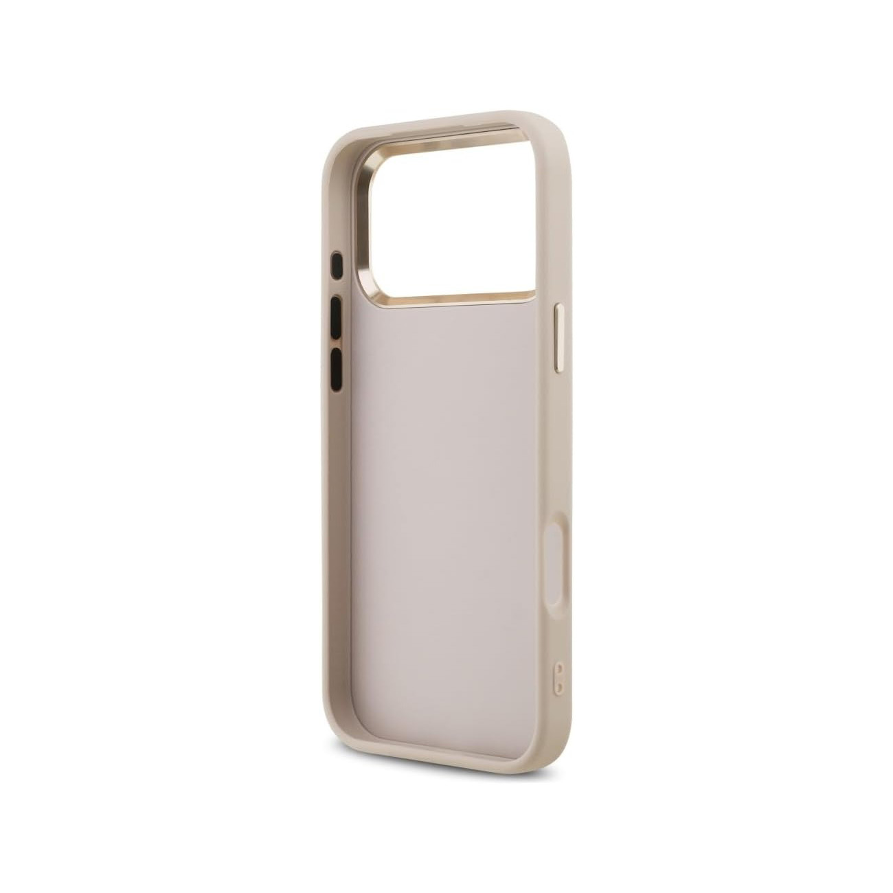 Una custodia per smartphone beige con cornice della fotocamera dorata su sfondo bianco.