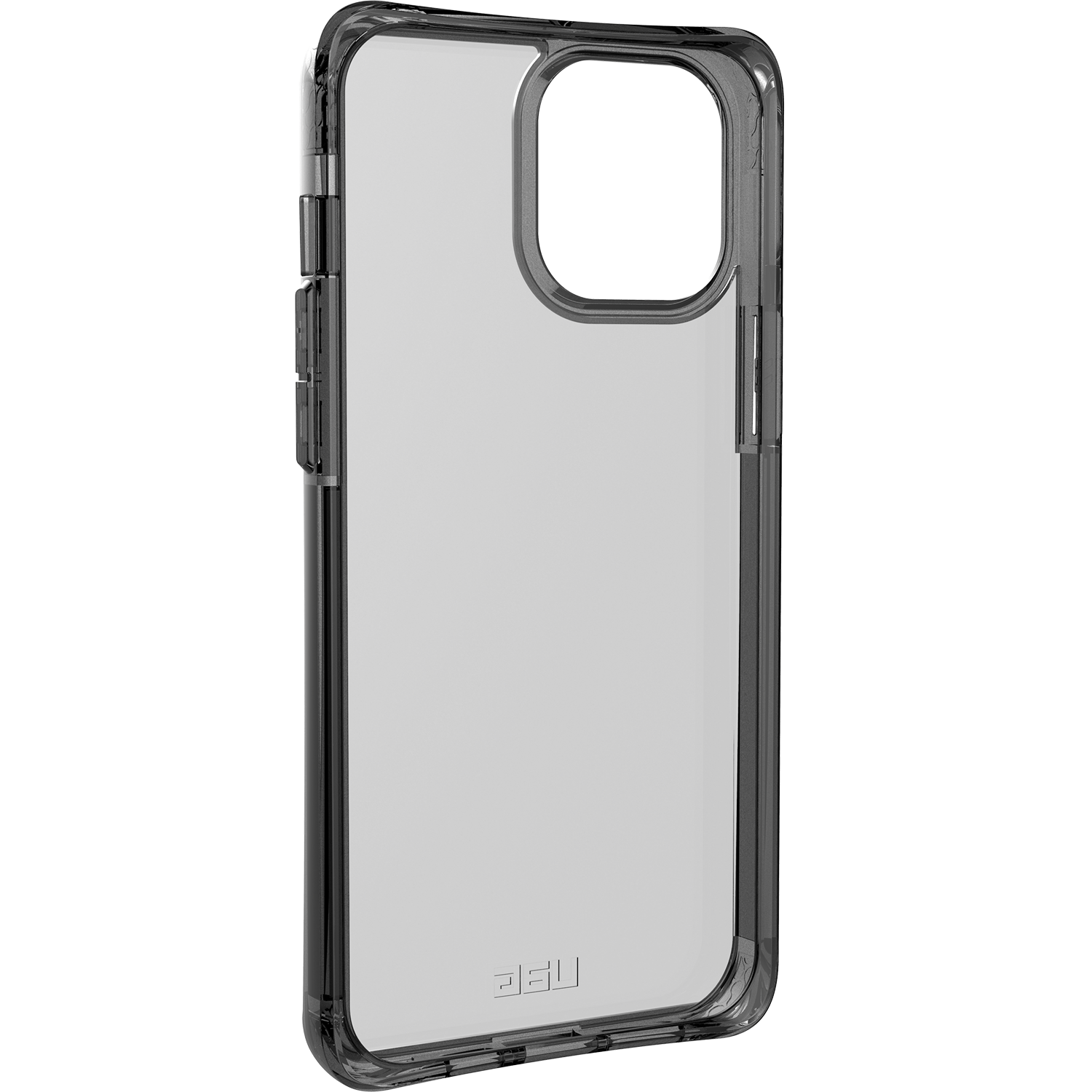 Una funda protectora transparente para teléfono con aberturas para la cámara y los botones sobre fondo negro.