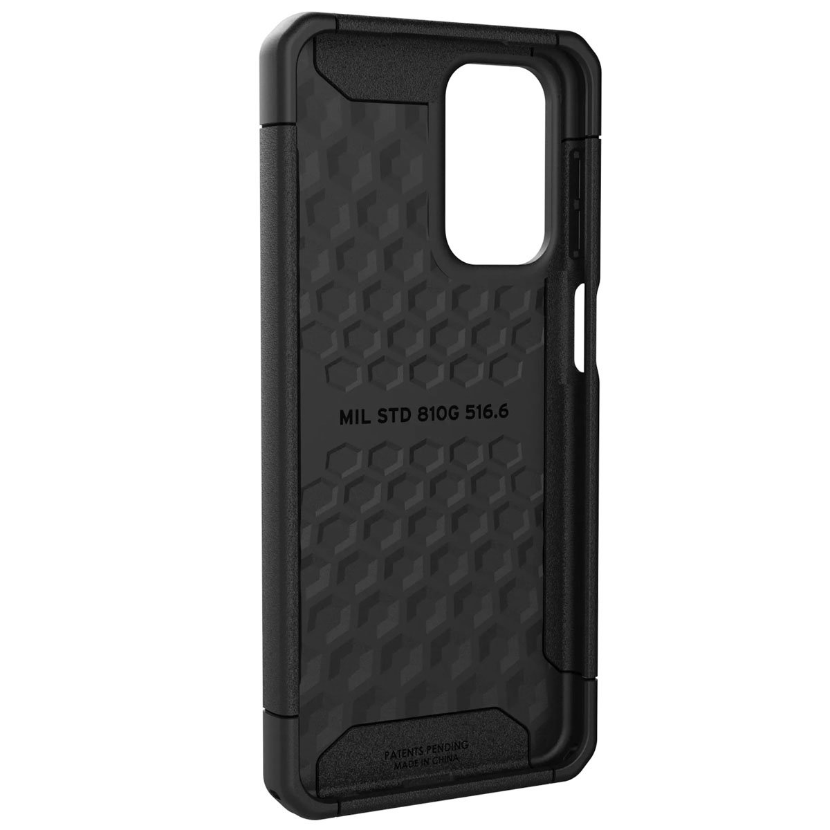 Czarne etui ochronne na telefon z wzorem plastra miodu i wycięciem na aparat.
