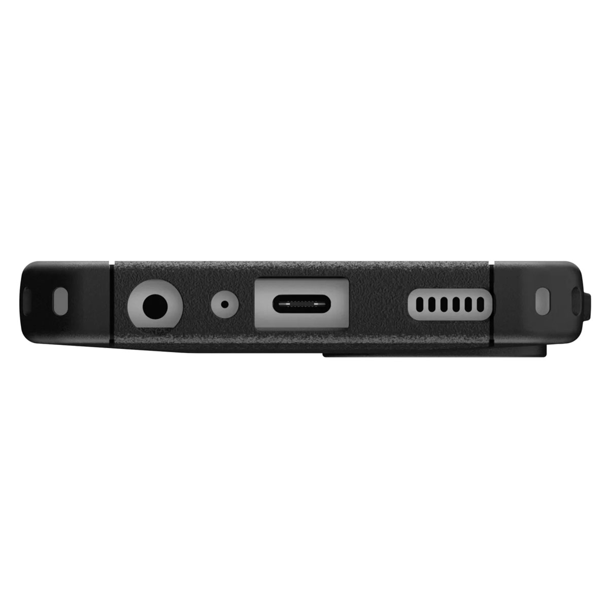 Widok od dołu czarnego etui na telefon z gniazdem słuchawkowym, portem USB-C i głośnikami.