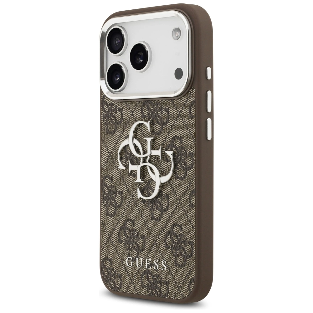 Una cover per smartphone Guess marrone con motivo monogramma, logo argentato e ritaglio per fotocamera.