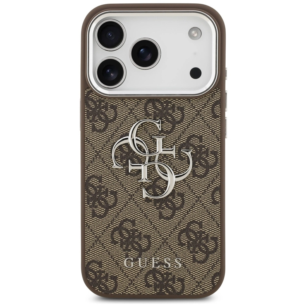 Custodia per telefono marrone con monogramma Guess, logo argento e fotocamera bianca.