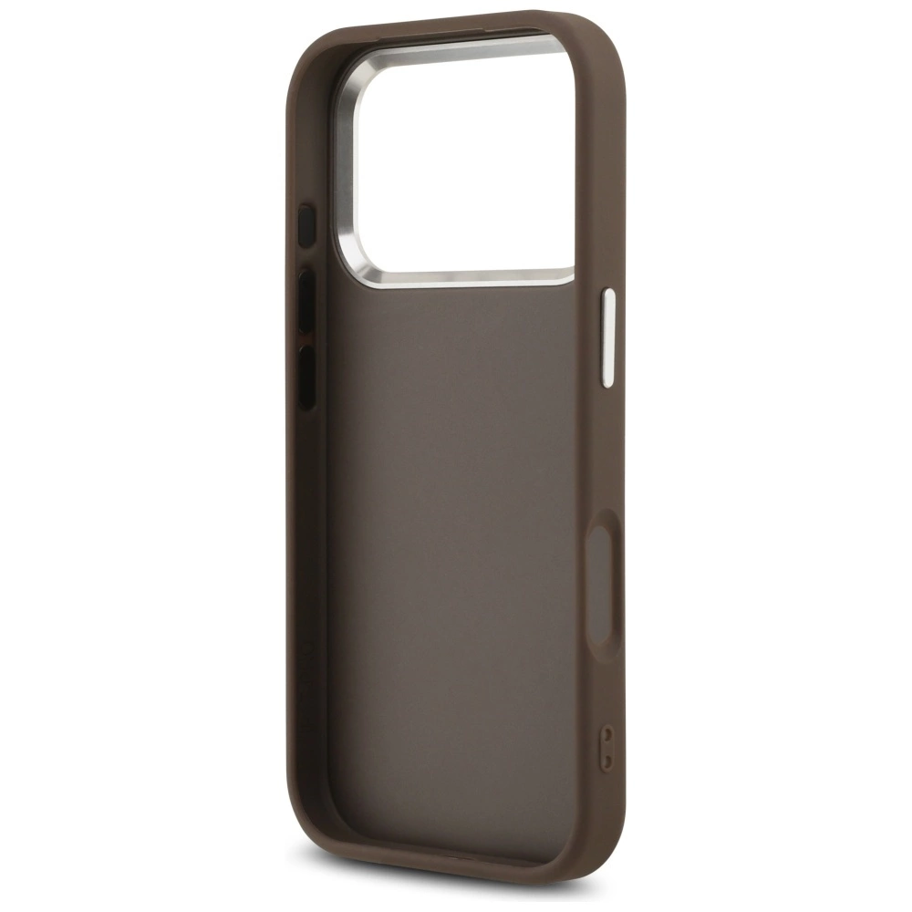 Una custodia protettiva per smartphone marrone con ritaglio per fotocamera e pulsanti su sfondo bianco.