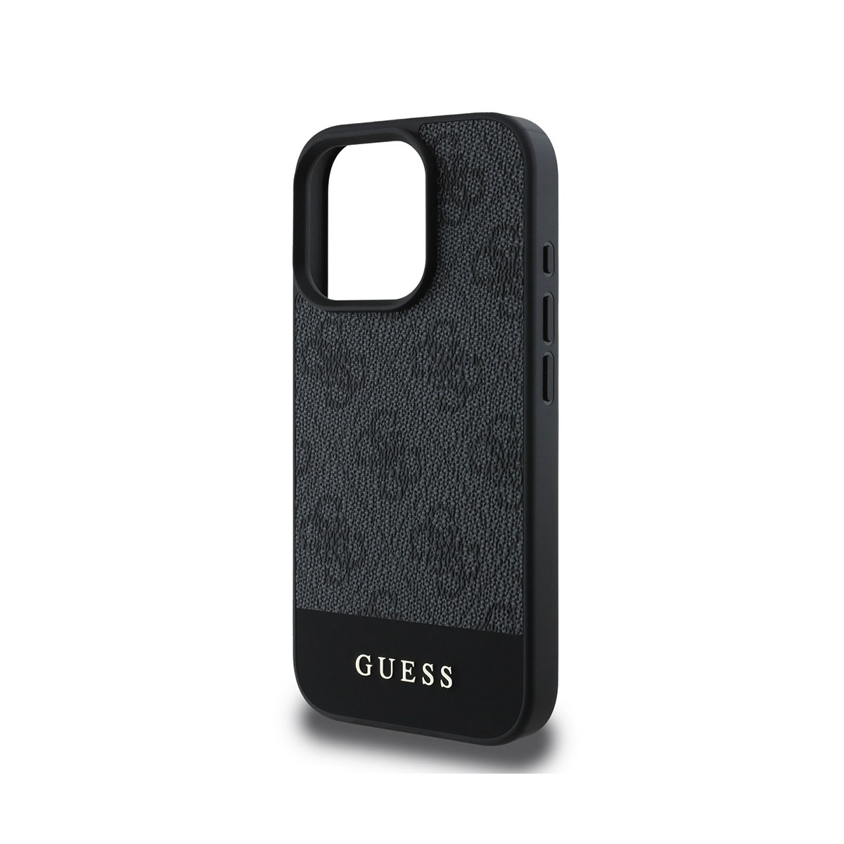 Schwarze Schutzhülle für Mobiltelefone mit dem Markennamen Guess in weißer Schrift am unteren Rand.