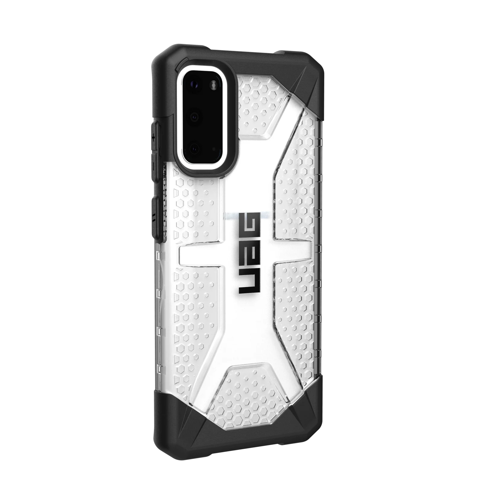 Strapazierte Smartphone-Hülle in Schwarz und Transparent mit wabenartigem Muster und Markenlogo auf weißem Hintergrund.