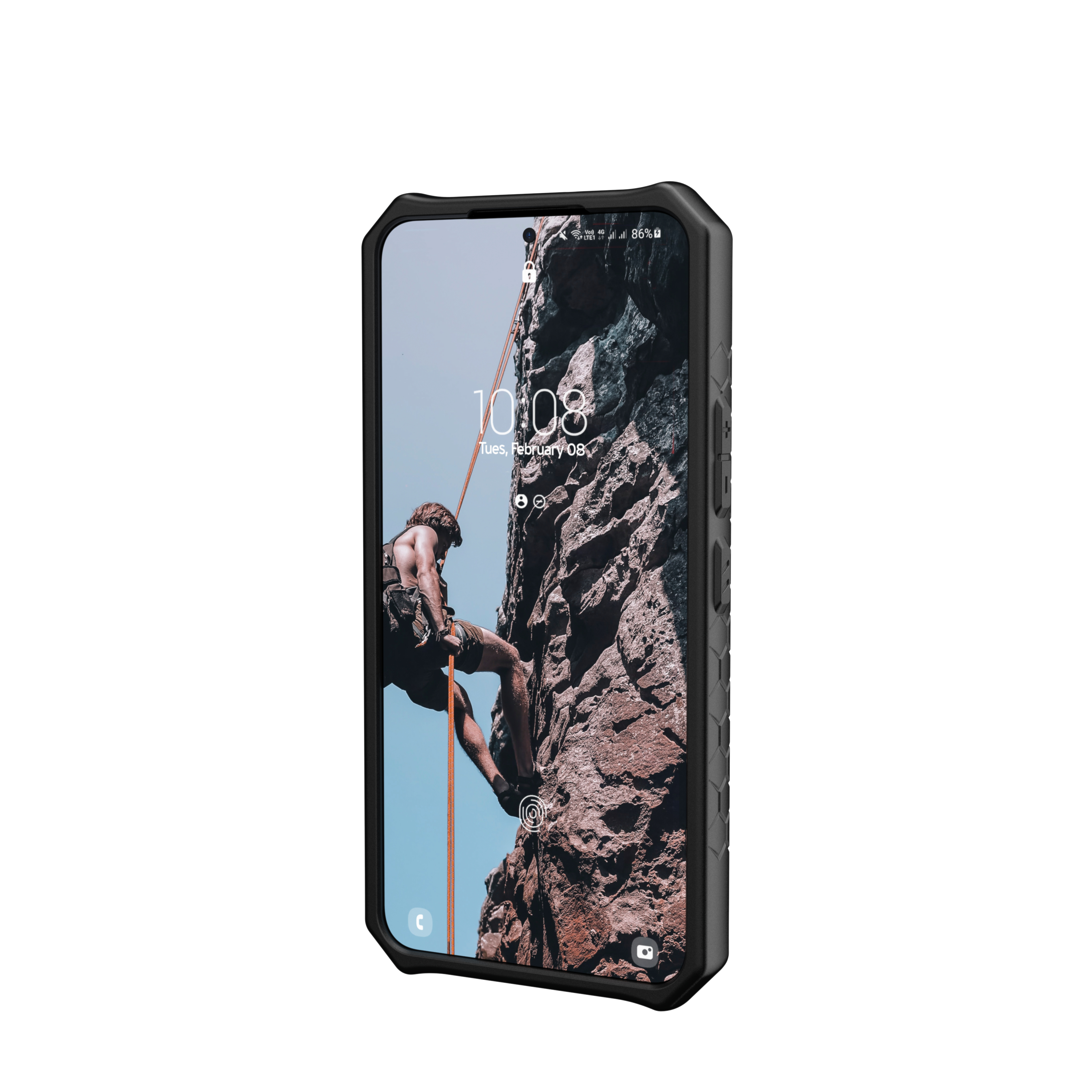 Smartfon w solidnym etui ochronnym wyświetla na ekranie wspinacza na ścianie skalnej.